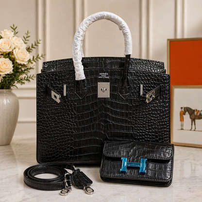 Hermès Birkin Style Bag with Constance Mini Pouch (Croc-Embossed Leather)