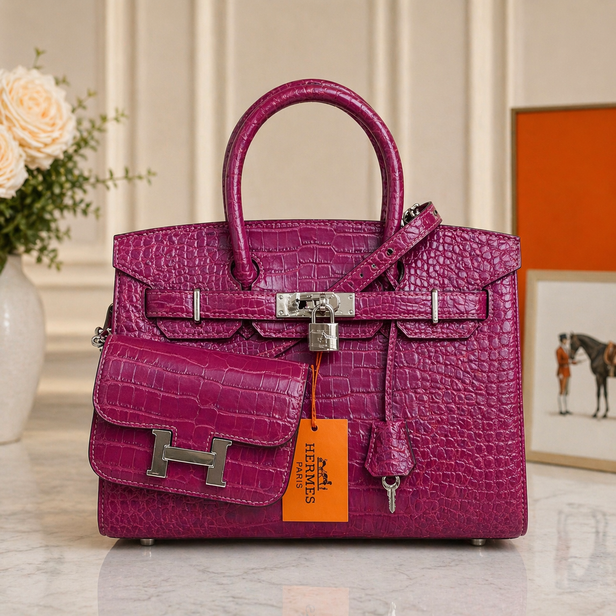 Hermès Birkin Style Bag with Constance Mini Pouch (Croc-Embossed Leather)