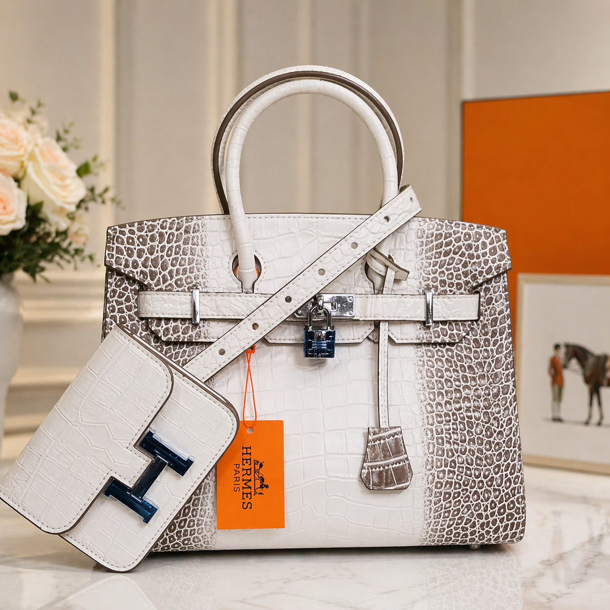 Hermès Birkin Style Croc-Embossed Tote with H Mini Pouch (Dual-Tone)