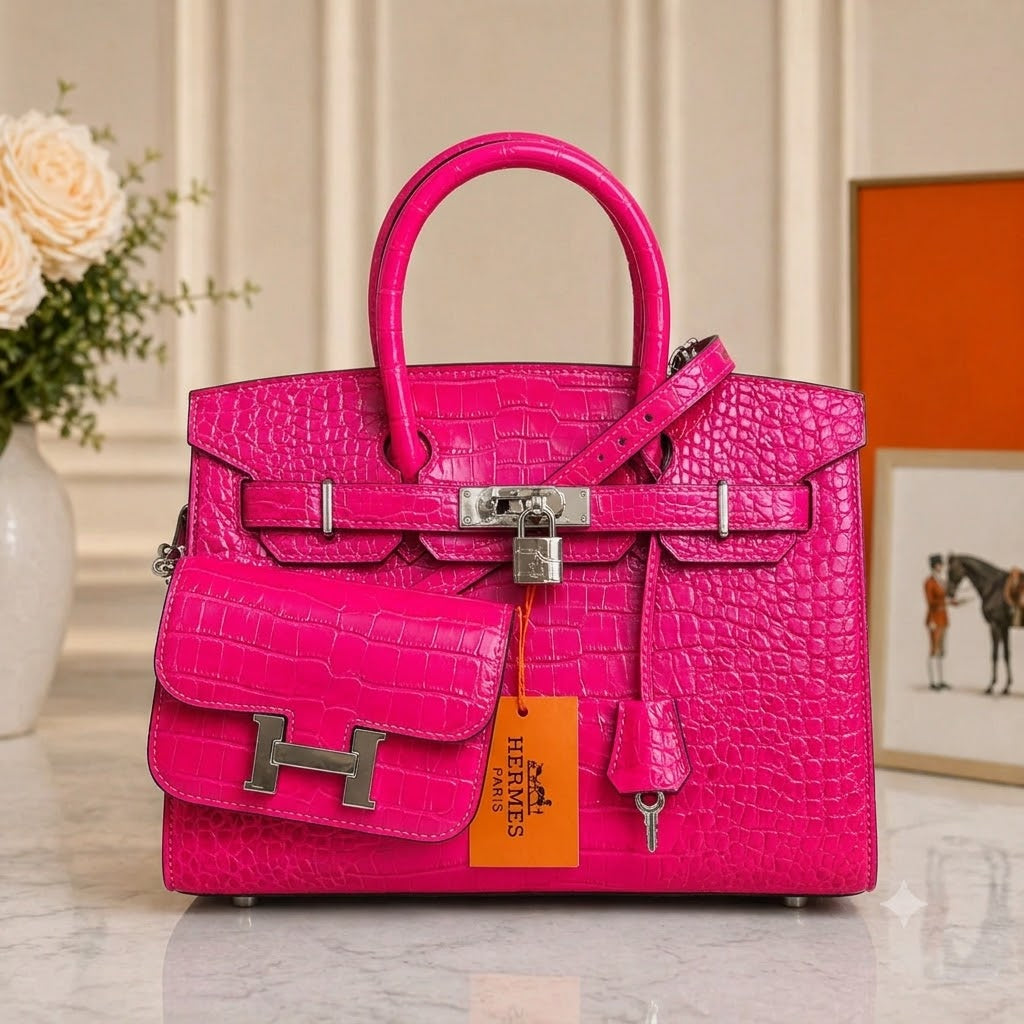 Hermès Birkin Style Bag with Constance Mini Pouch (Croc-Embossed Leather)