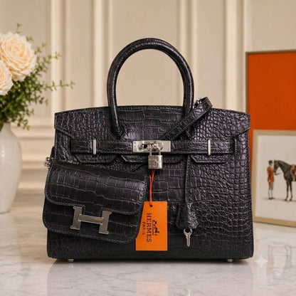Hermès Birkin Style Bag with Constance Mini Pouch (Croc-Embossed Leather)