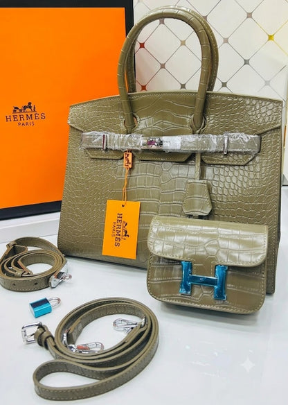Hermès Birkin Style Bag with Constance Mini Pouch (Croc-Embossed Leather)