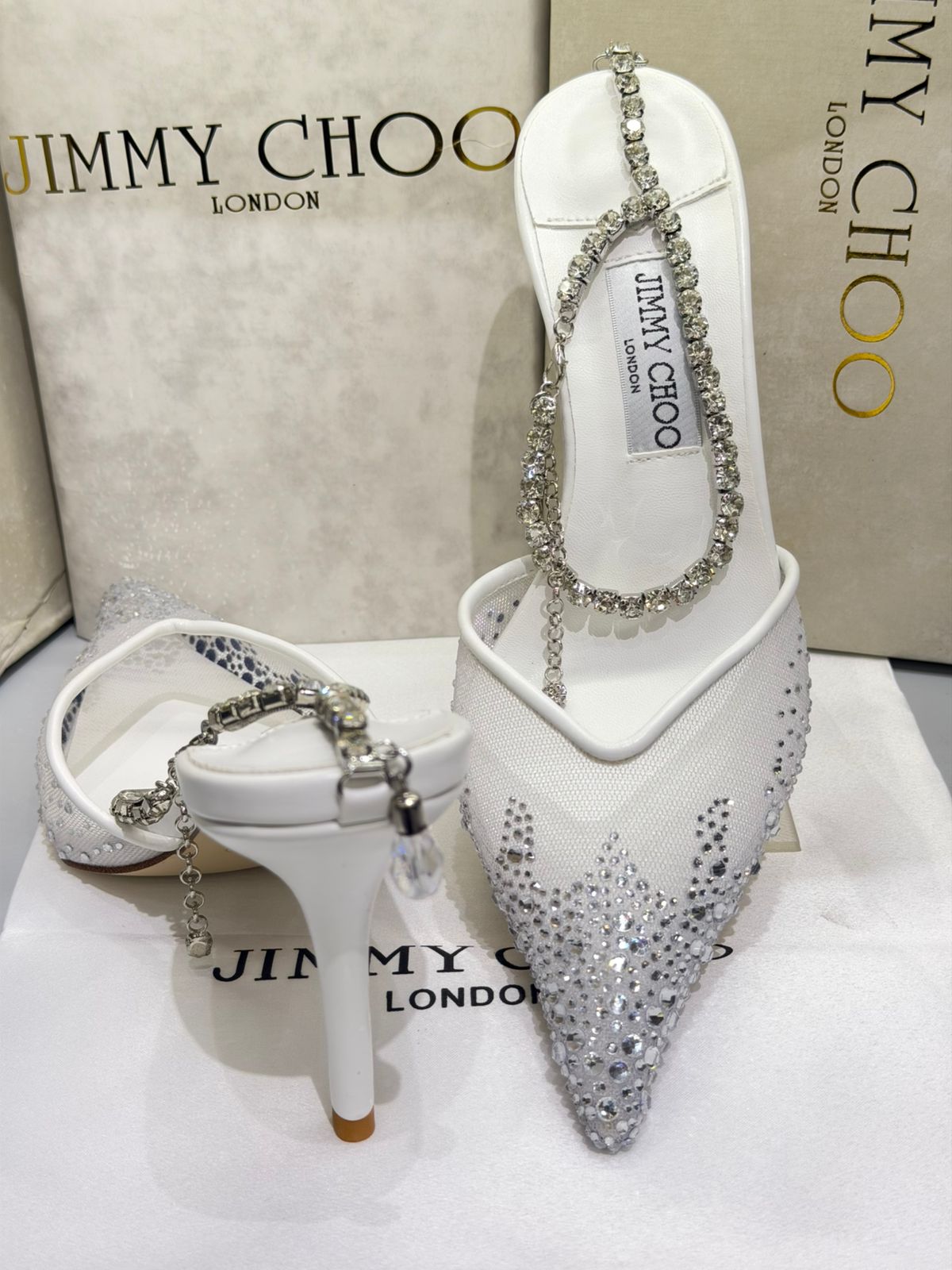 Jimmy Choo Style Crystal Chain Slingback Heels