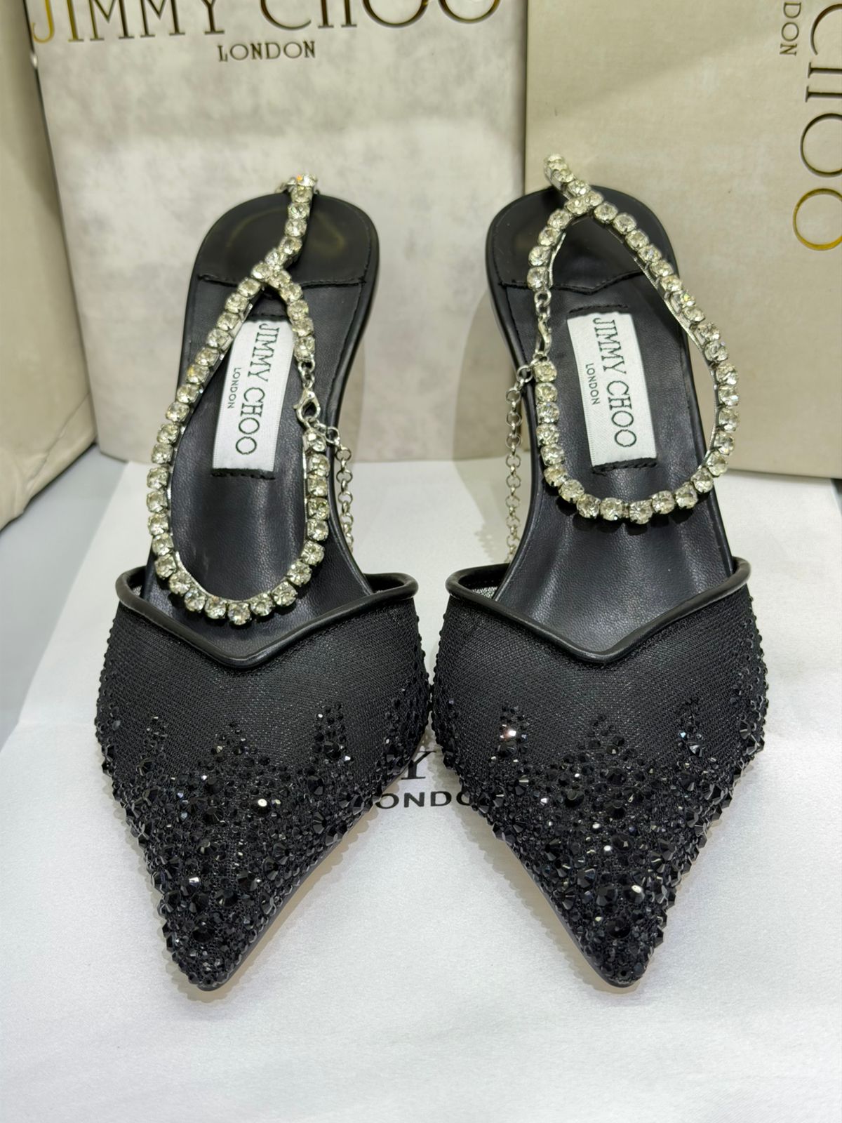 Jimmy Choo Style Crystal Chain Slingback Heels
