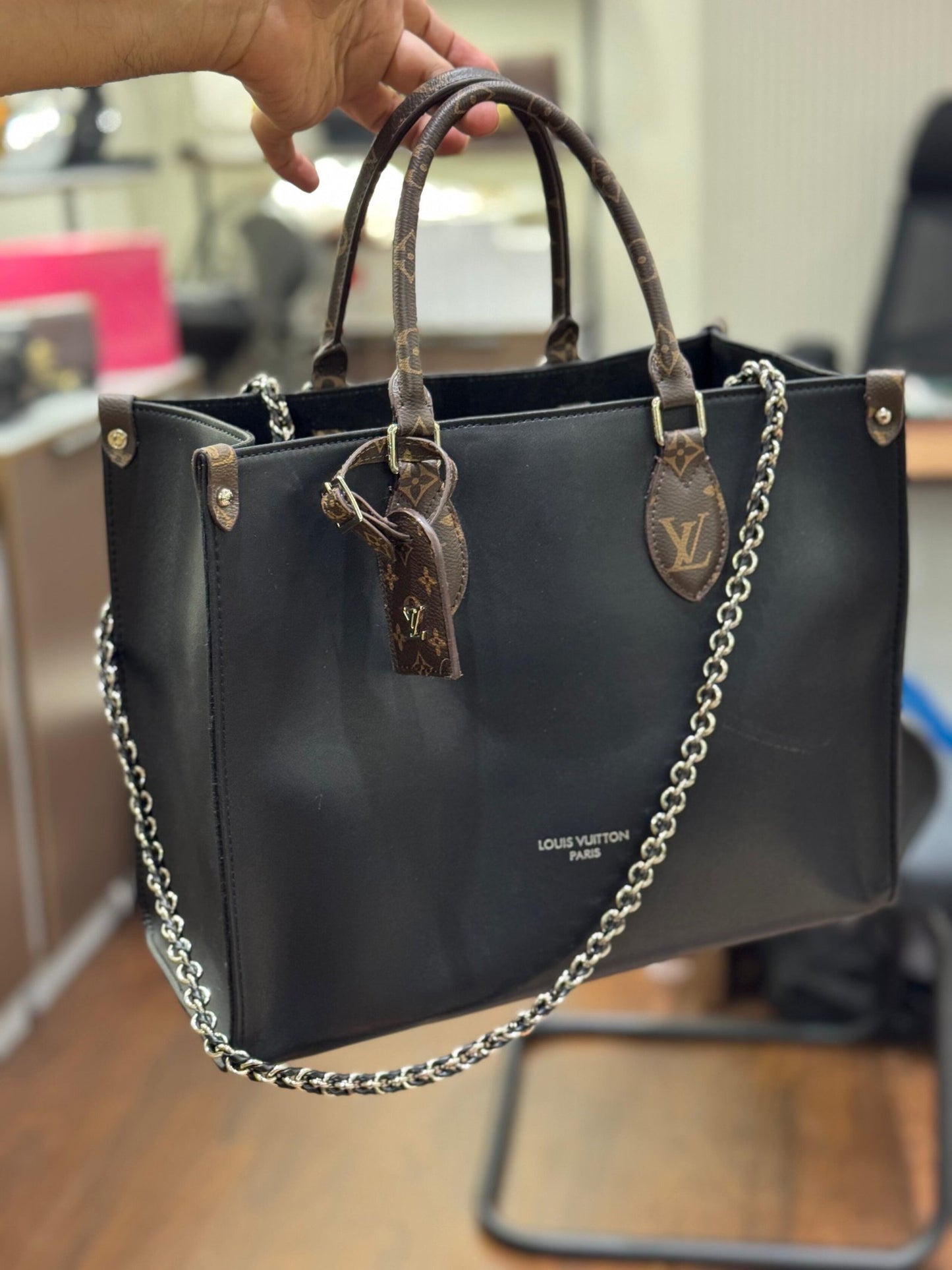 Louis Vuitton OnTheGo MM (Black Leather with Monogram Trim & Chain Strap)