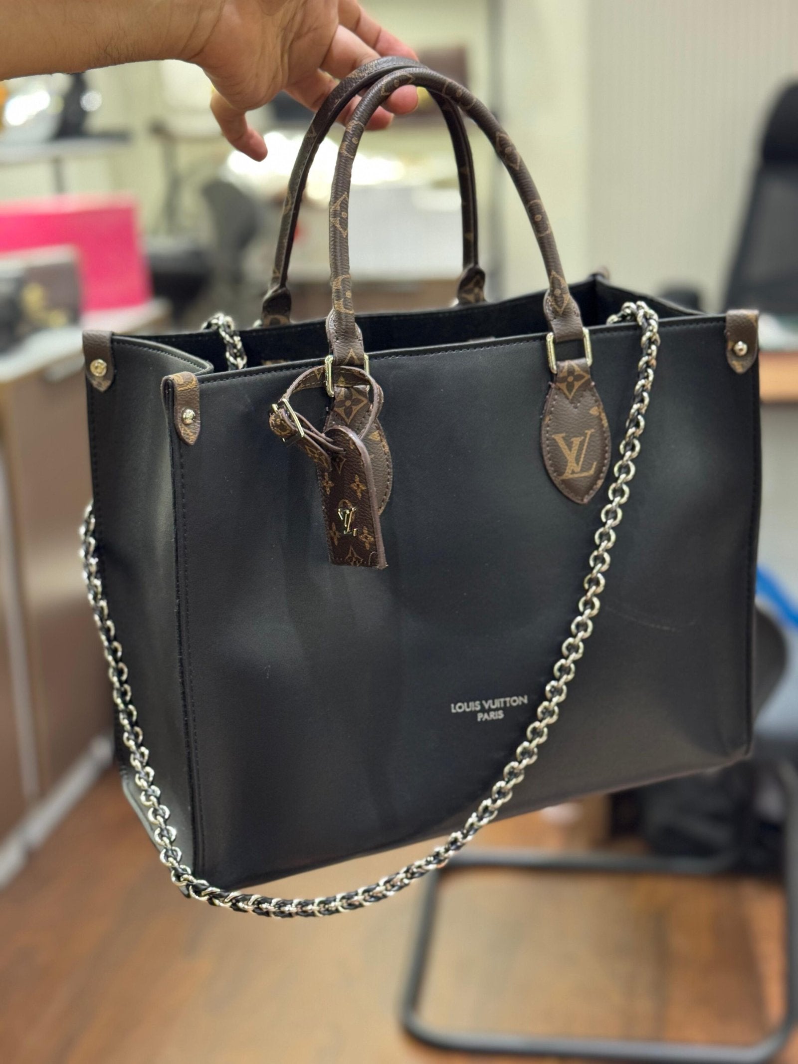 Louis Vuitton OnTheGo MM (Black Leather with Monogram Trim & Chain Strap)