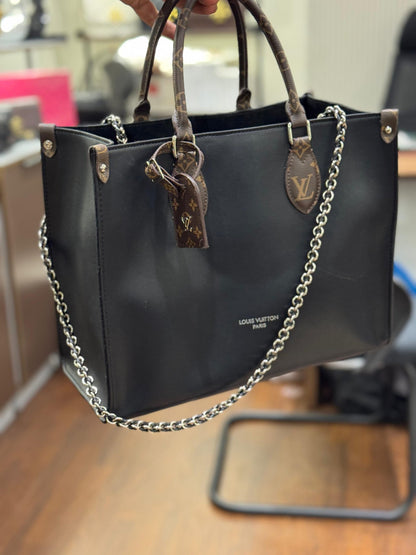 Louis Vuitton OnTheGo MM (Black Leather with Monogram Trim & Chain Strap)