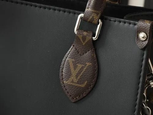 Louis Vuitton OnTheGo MM (Black Leather with Monogram Trim & Chain Strap)