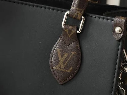 Louis Vuitton OnTheGo MM (Black Leather with Monogram Trim & Chain Strap)