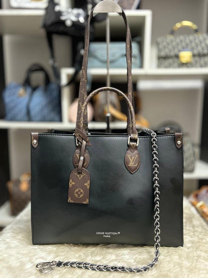 Louis Vuitton OnTheGo MM (Black Leather with Monogram Trim & Chain Strap)