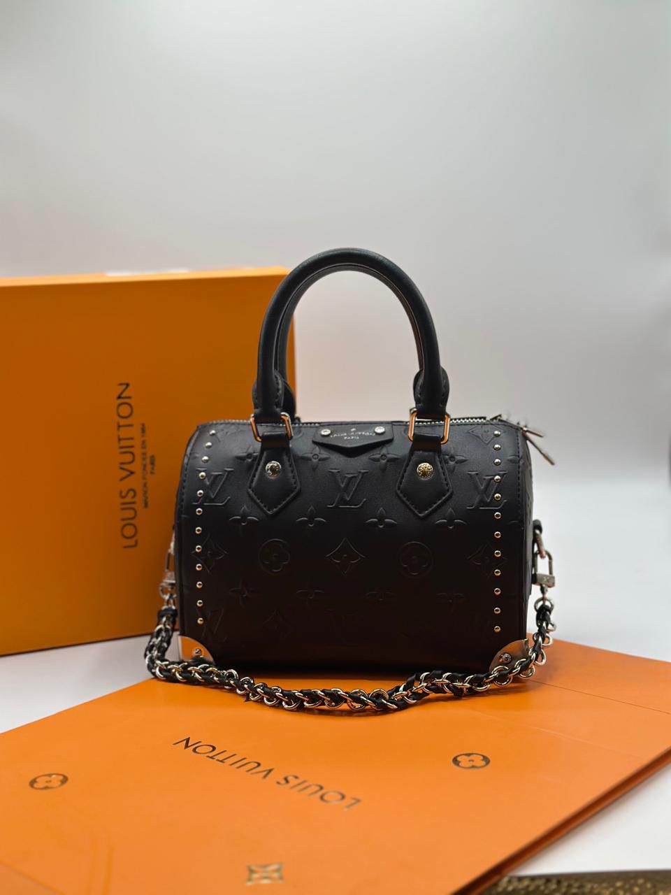 Lo-uis Vuitton Style Embossed Monogram Studded Mini Boston Bag