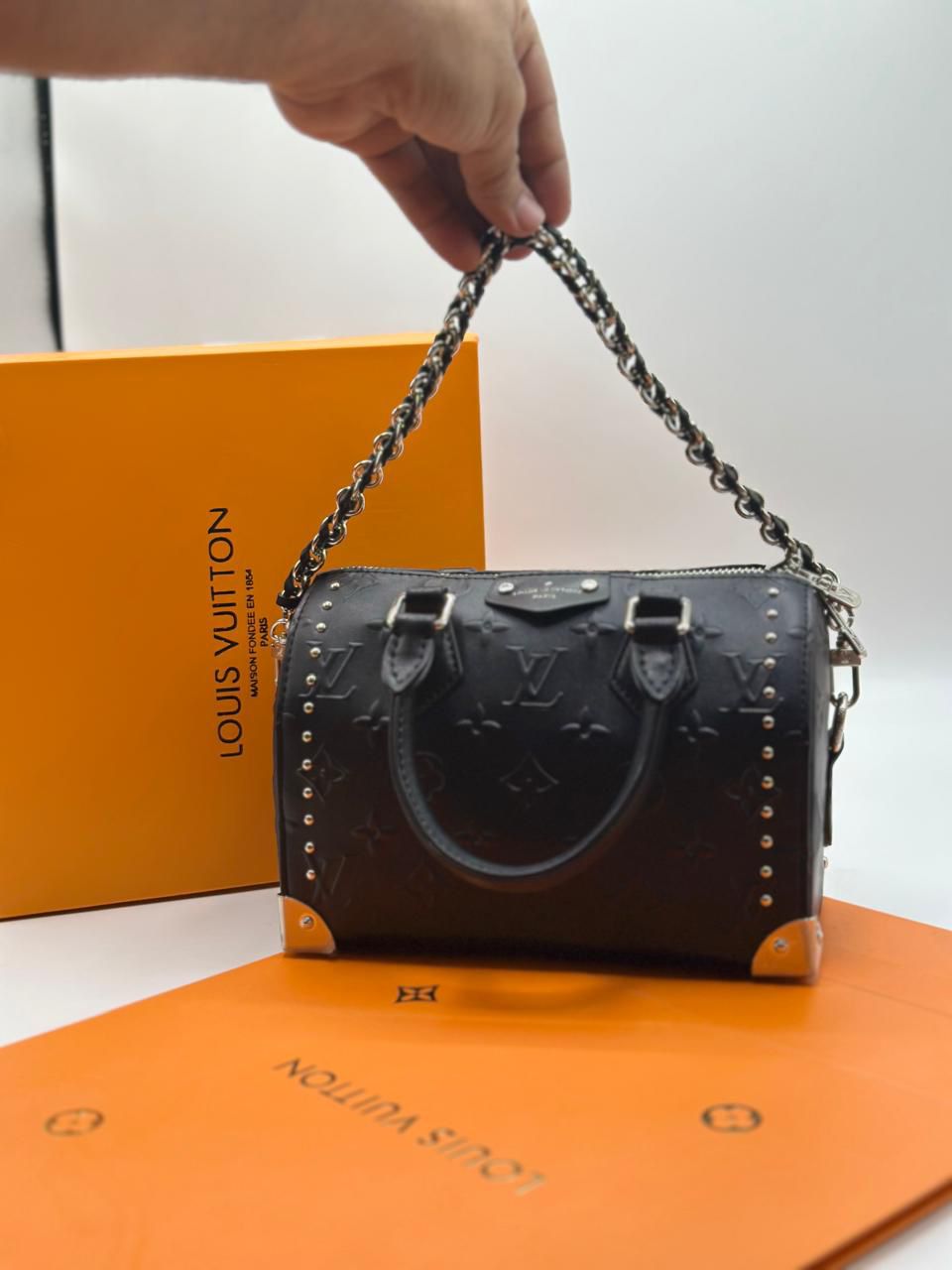 Lo-uis Vuitton Style Embossed Monogram Studded Mini Boston Bag