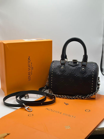 Lo-uis Vuitton Style Embossed Monogram Studded Mini Boston Bag