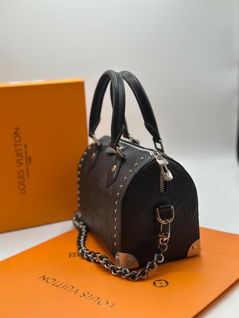 Lo-uis Vuitton Style Embossed Monogram Studded Mini Boston Bag