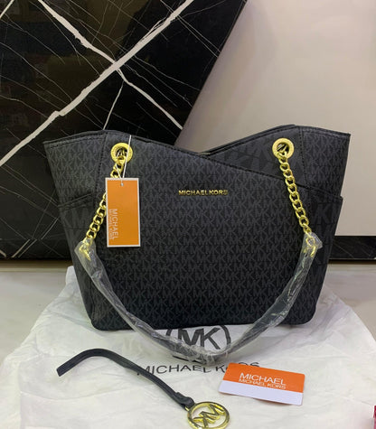 Michael Kors Jet Set Travel Medium Chain Tote in Signature Logo Canvas (Black)
