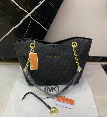 Michael Kors Jet Set Travel Medium Chain Tote in Signature Logo Canvas (Black)
