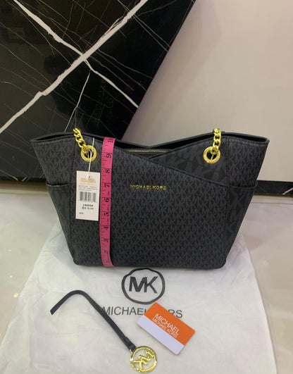 Michael Kors Jet Set Travel Medium Chain Tote in Signature Logo Canvas (Black)