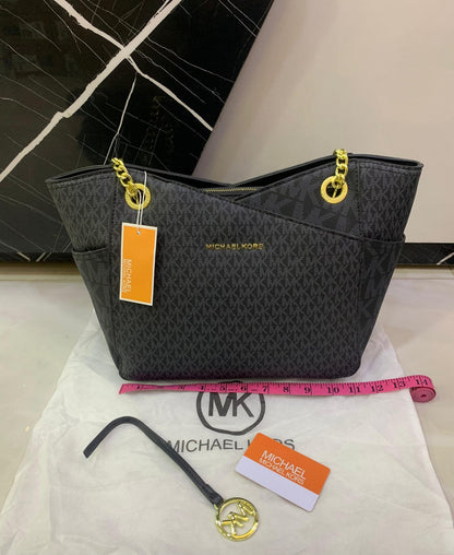 Michael Kors Jet Set Travel Medium Chain Tote in Signature Logo Canvas (Black)