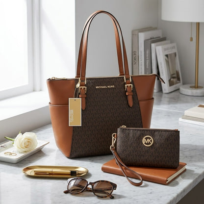 Michael Kors Charlotte Large Top Zip Tote (Brown Signature Canvas)