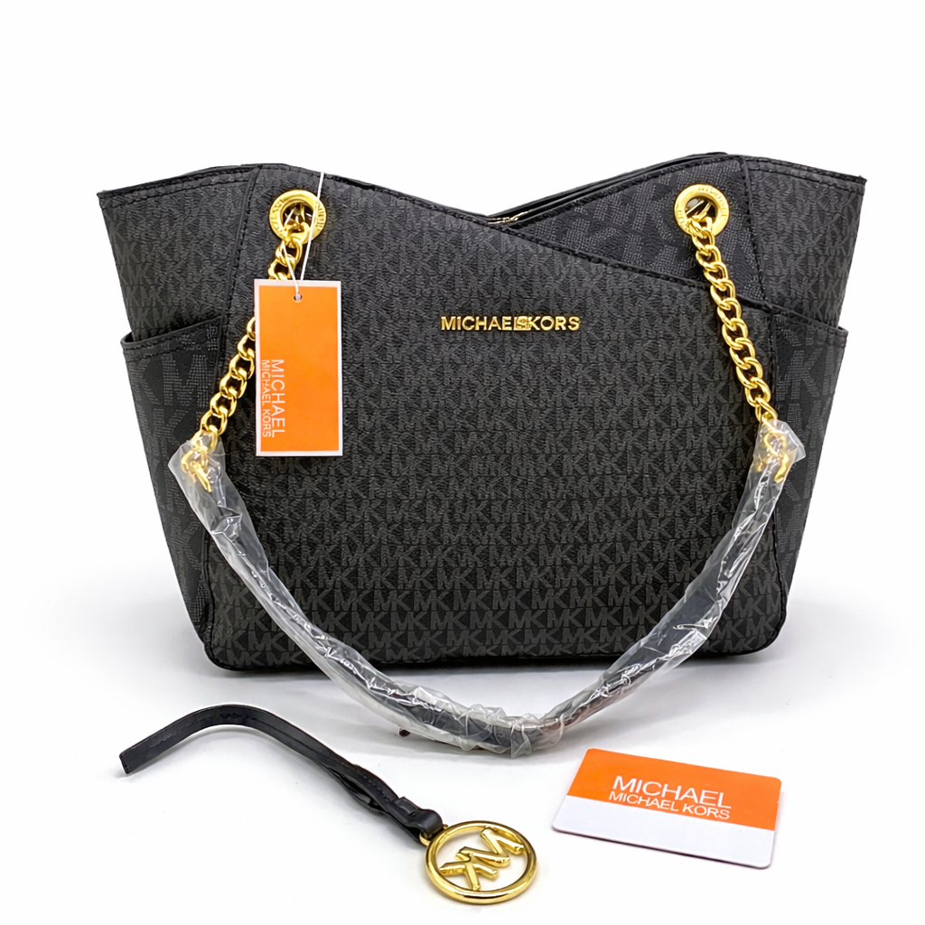 Michael Kors Jet Set Travel Medium Chain Tote in Signature Logo Canvas (Black)