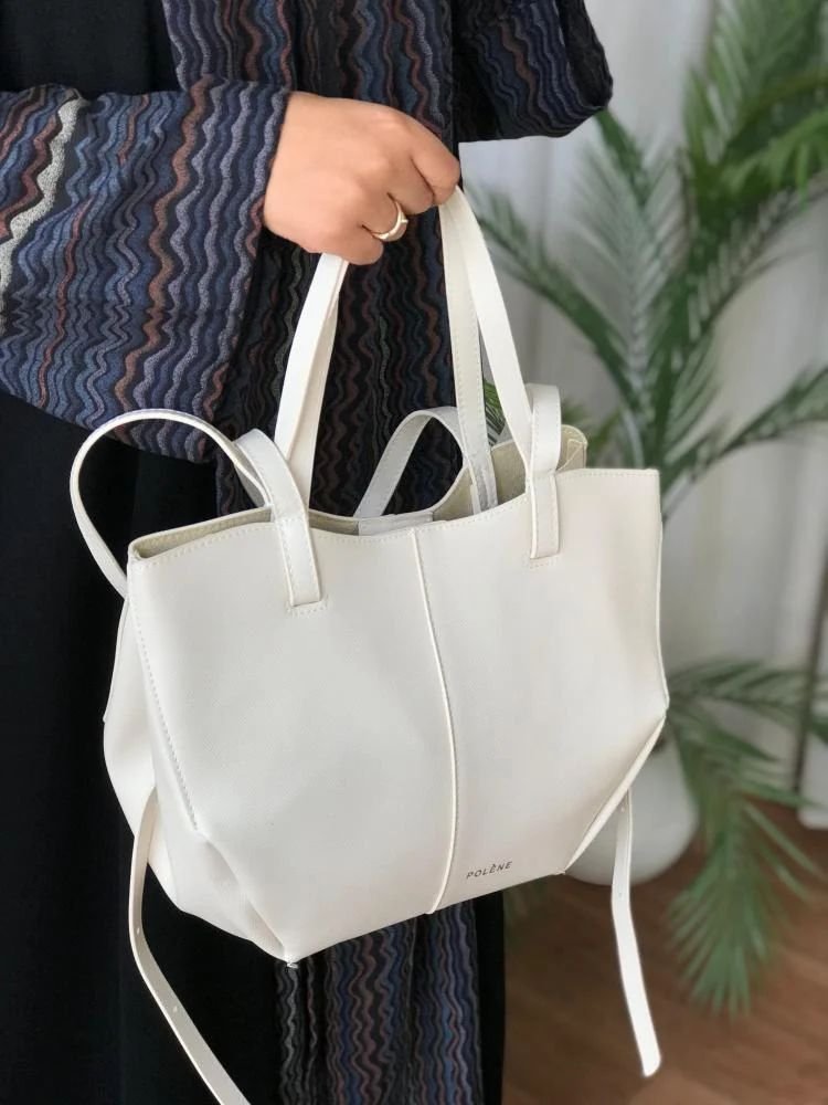 Polène Cyme Large Textured Leather Tote Bag with Pouch