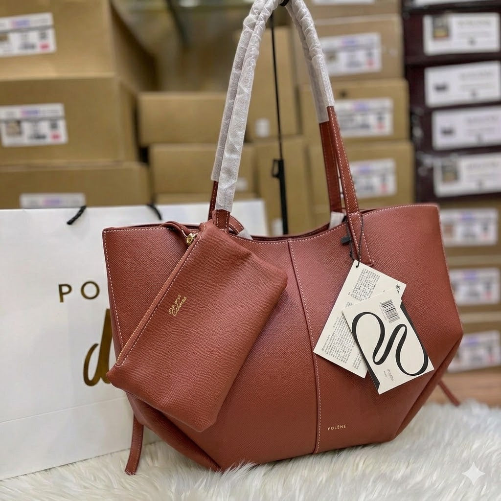 Polène Cyme Large Textured Leather Tote Bag with Pouch