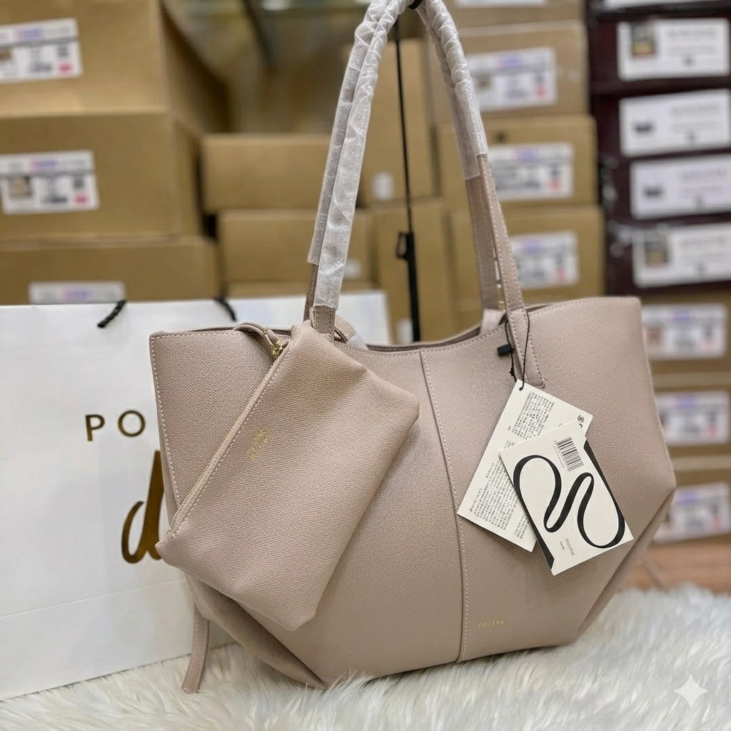 Polène Cyme Large Textured Leather Tote Bag with Pouch