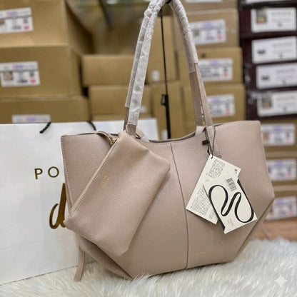 Polène Cyme Large Textured Leather Tote Bag with Pouch