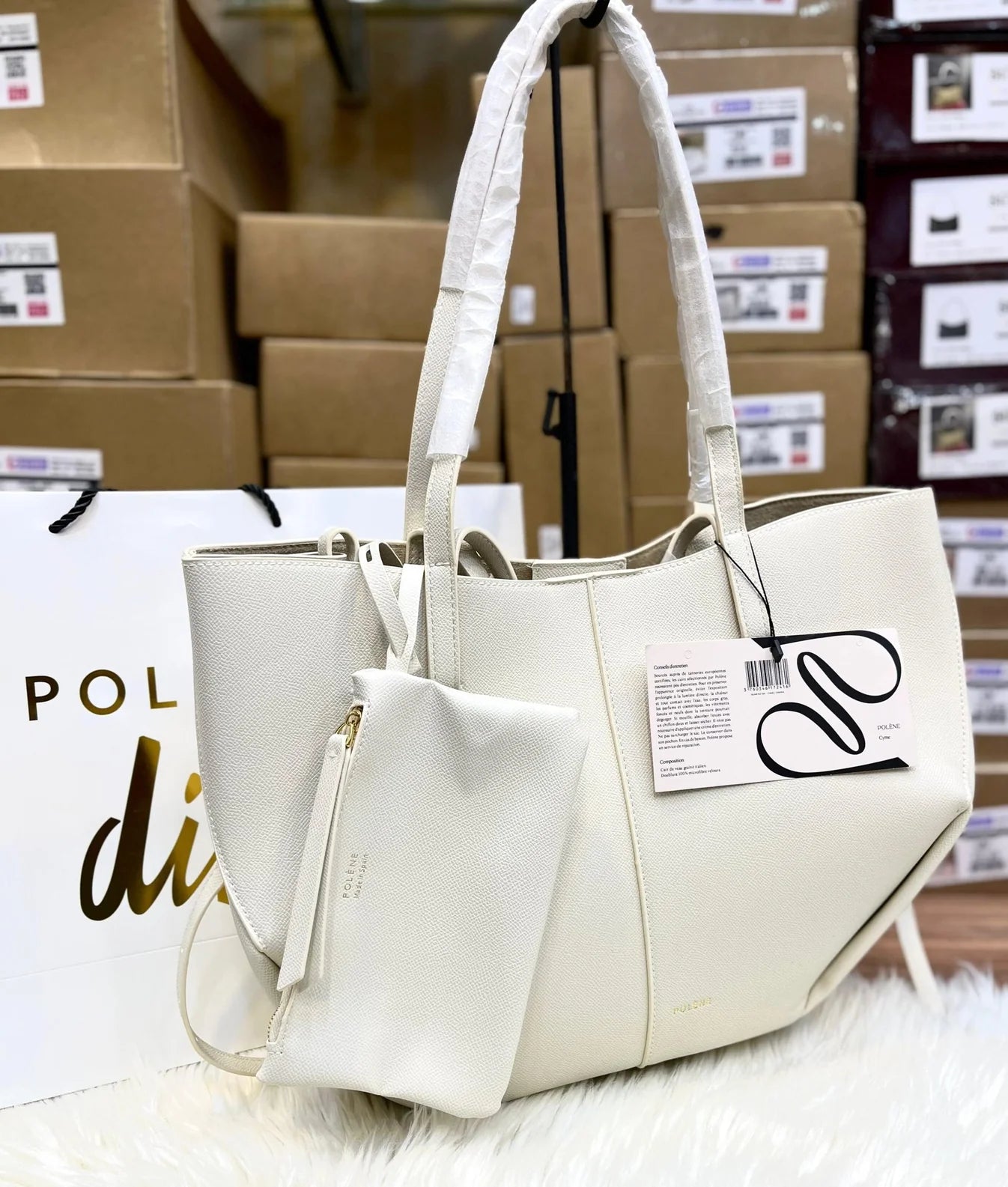 Polène Cyme Large Textured Leather Tote Bag with Pouch