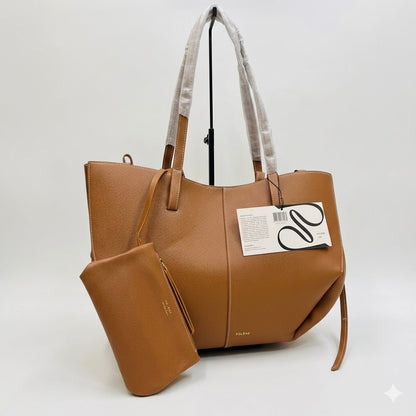 Polène Cyme Large Textured Leather Tote Bag with Pouch