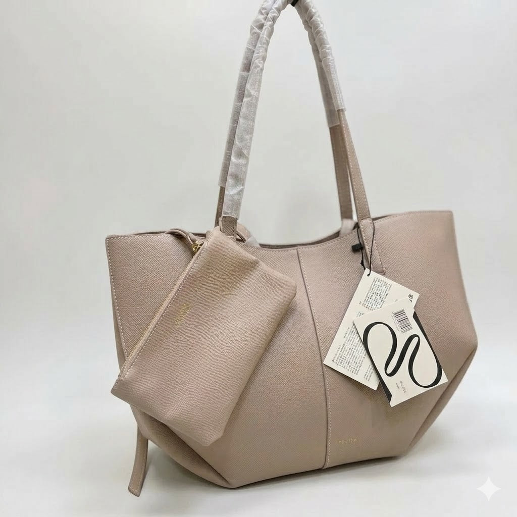 Polène Cyme Large Textured Leather Tote Bag with Pouch