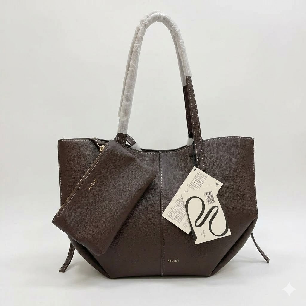 Polène Cyme Large Textured Leather Tote Bag with Pouch