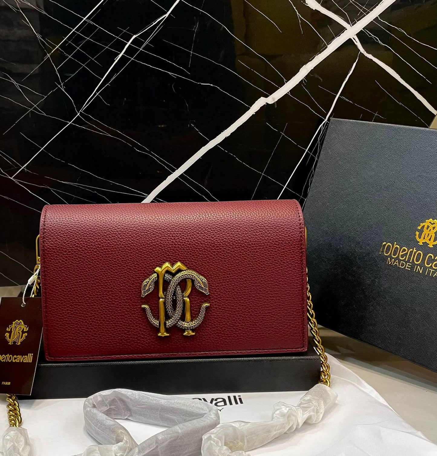 Roberto Cavalli Monogram Flap Chain Shoulder Bag