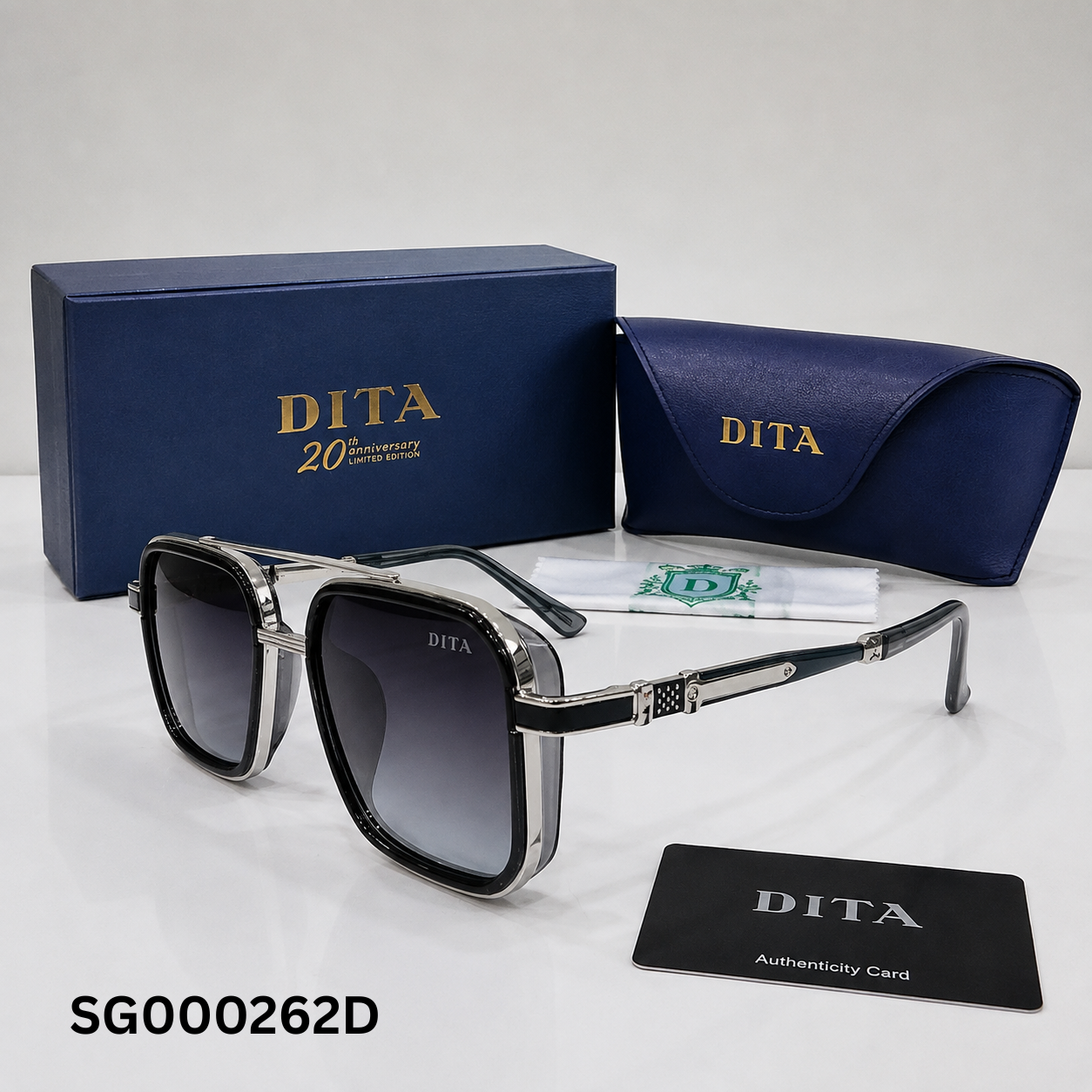 DITA Silver and Black Oversized Square Navigator Sunglasses