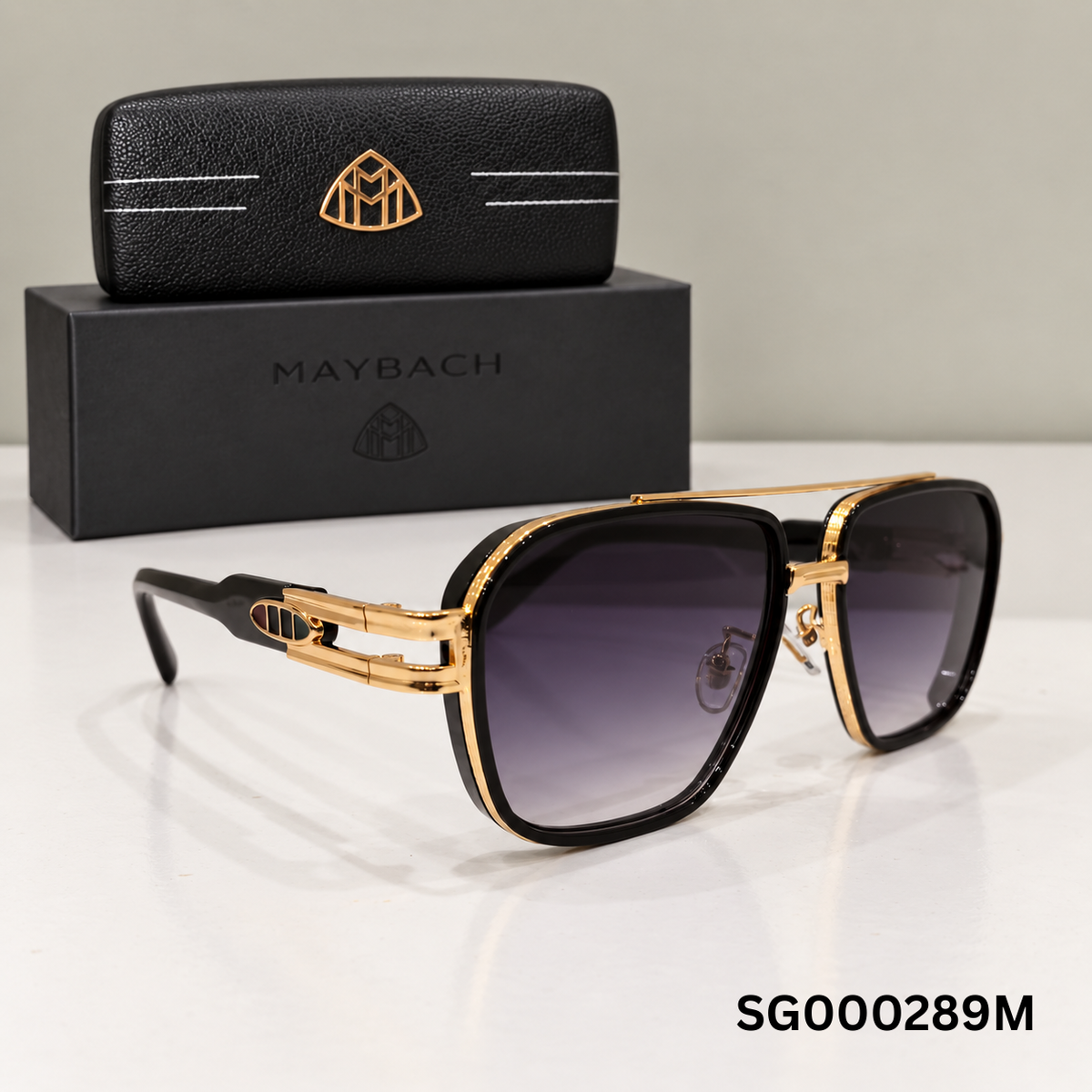 Maybach Black and Gold Square Double-Bridge Sunglasses
