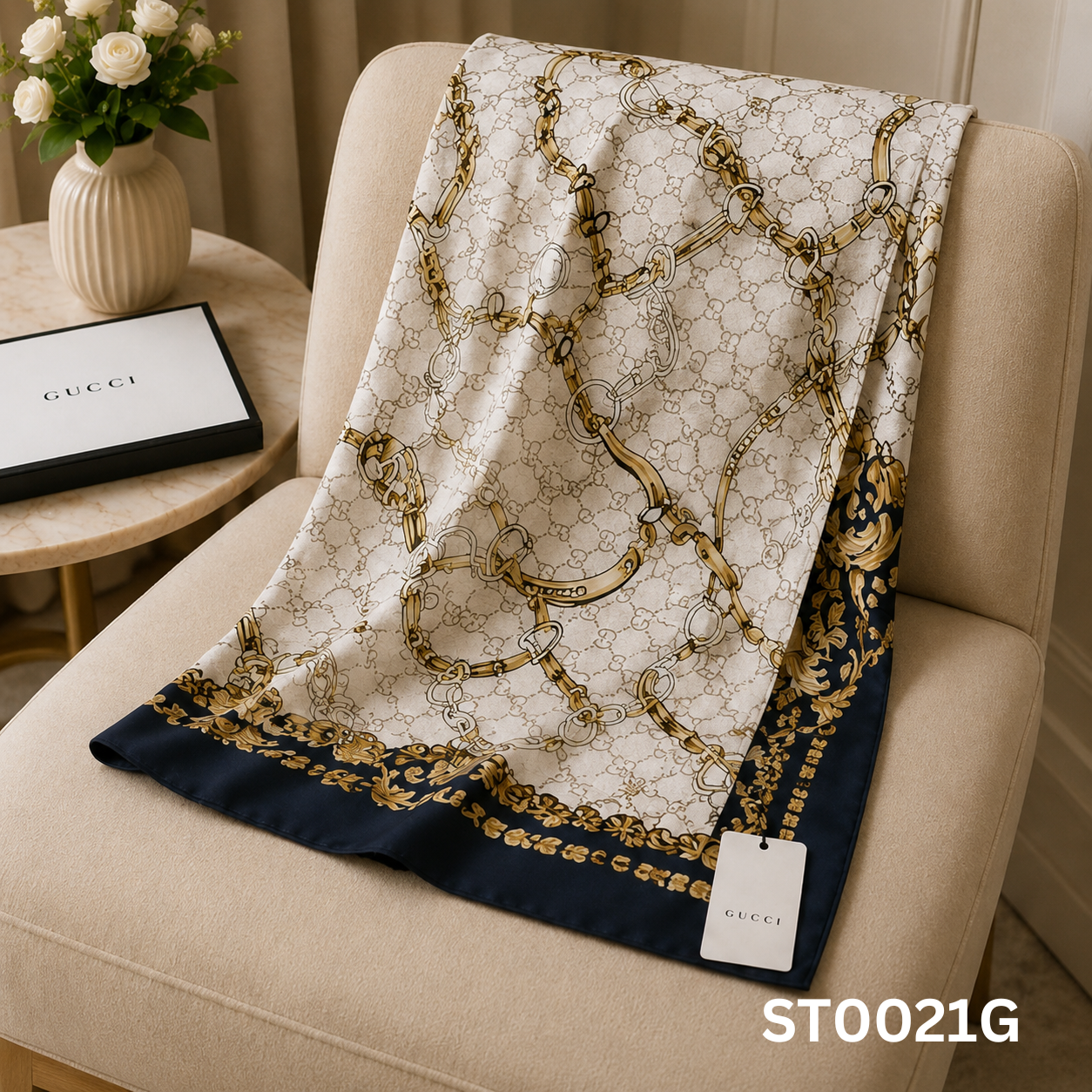 Gucci GG Horsebit Chain Print Silk Scarf