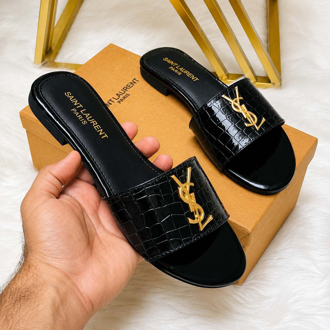 Saint Laurent Croc-Embossed Slide Sandals