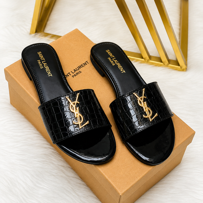 Saint Laurent Croc-Embossed Slide Sandals