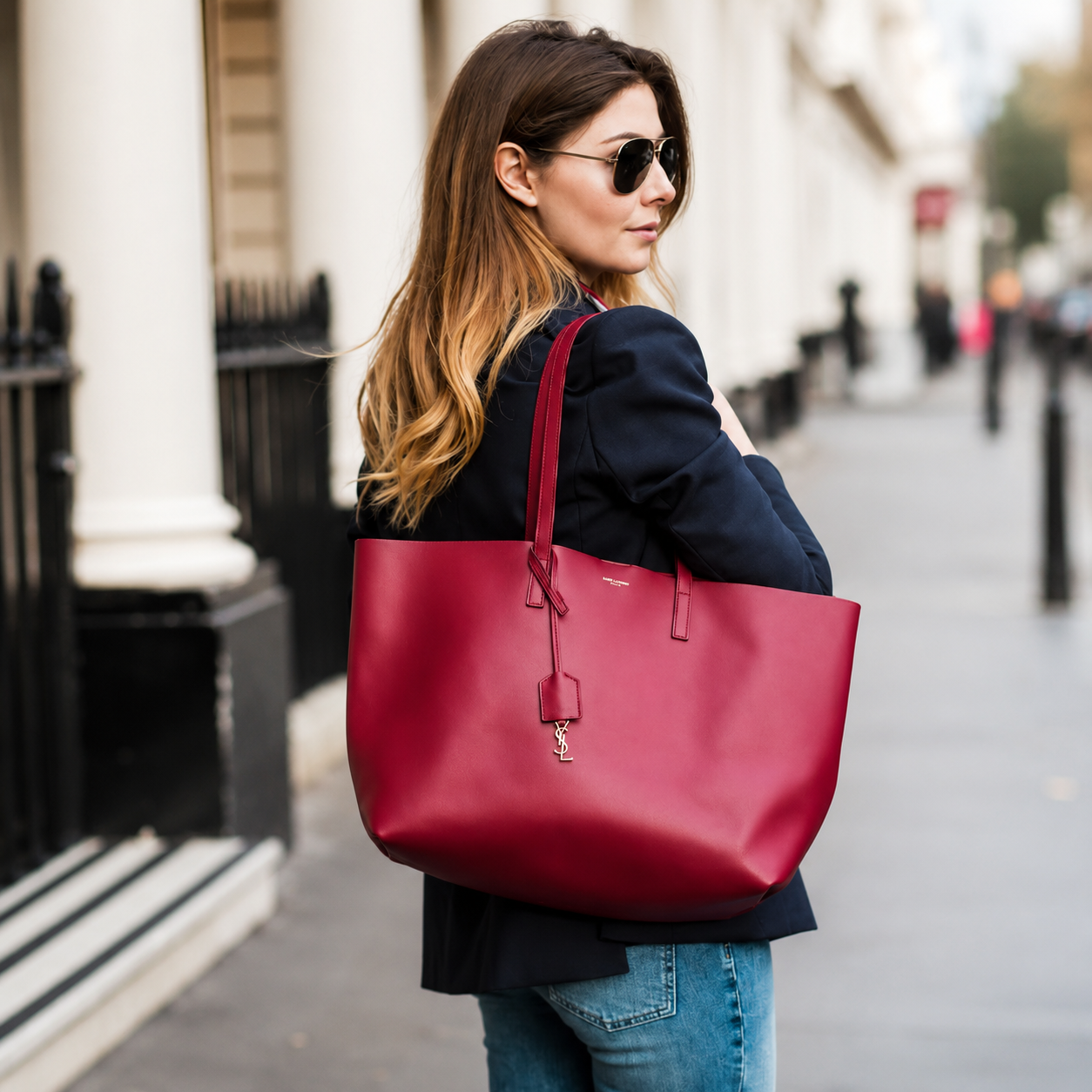 Saint Laurent East/West Leather Shopping Tote with Zip Pouch