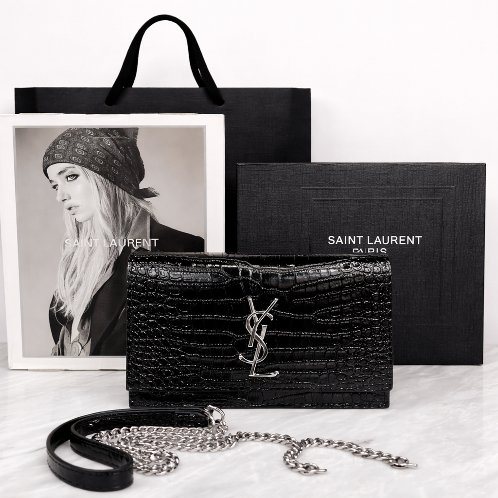 Saint Laurent Kate Medium Chain Bag in Croc-Embossed Leather