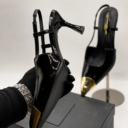 Saint Laurent Patent Slingback Heels – Black/Gold Edition