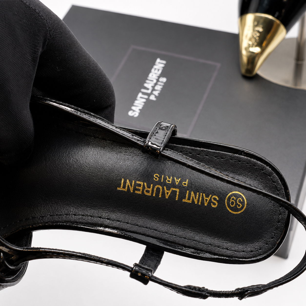 Saint Laurent Patent Slingback Heels – Black/Gold Edition