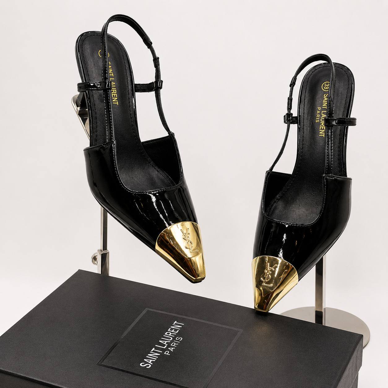 Saint Laurent Patent Slingback Heels – Black/Gold Edition