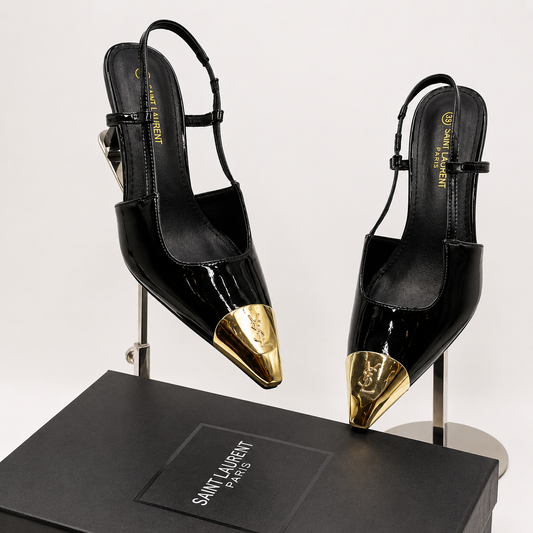 Saint Laurent Patent Slingback Heels – Black/Gold Edition