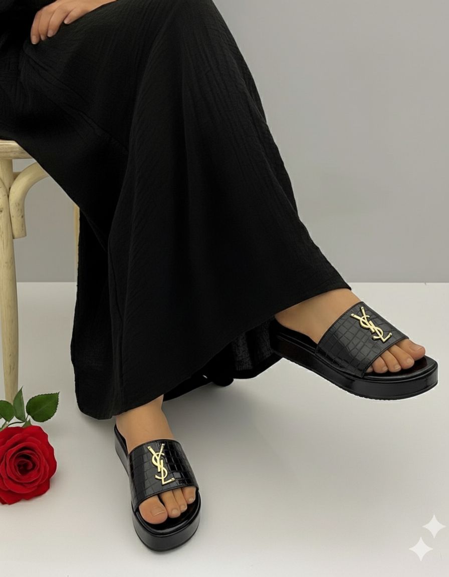 Saint Laurent YSL Croc Luxe Slide Sandals