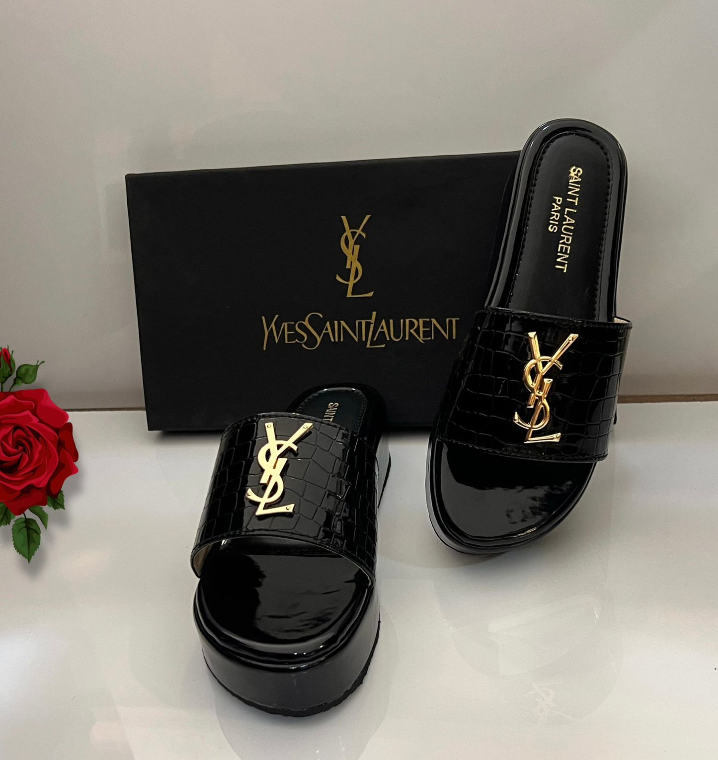 Saint Laurent YSL Croc Luxe Slide Sandals