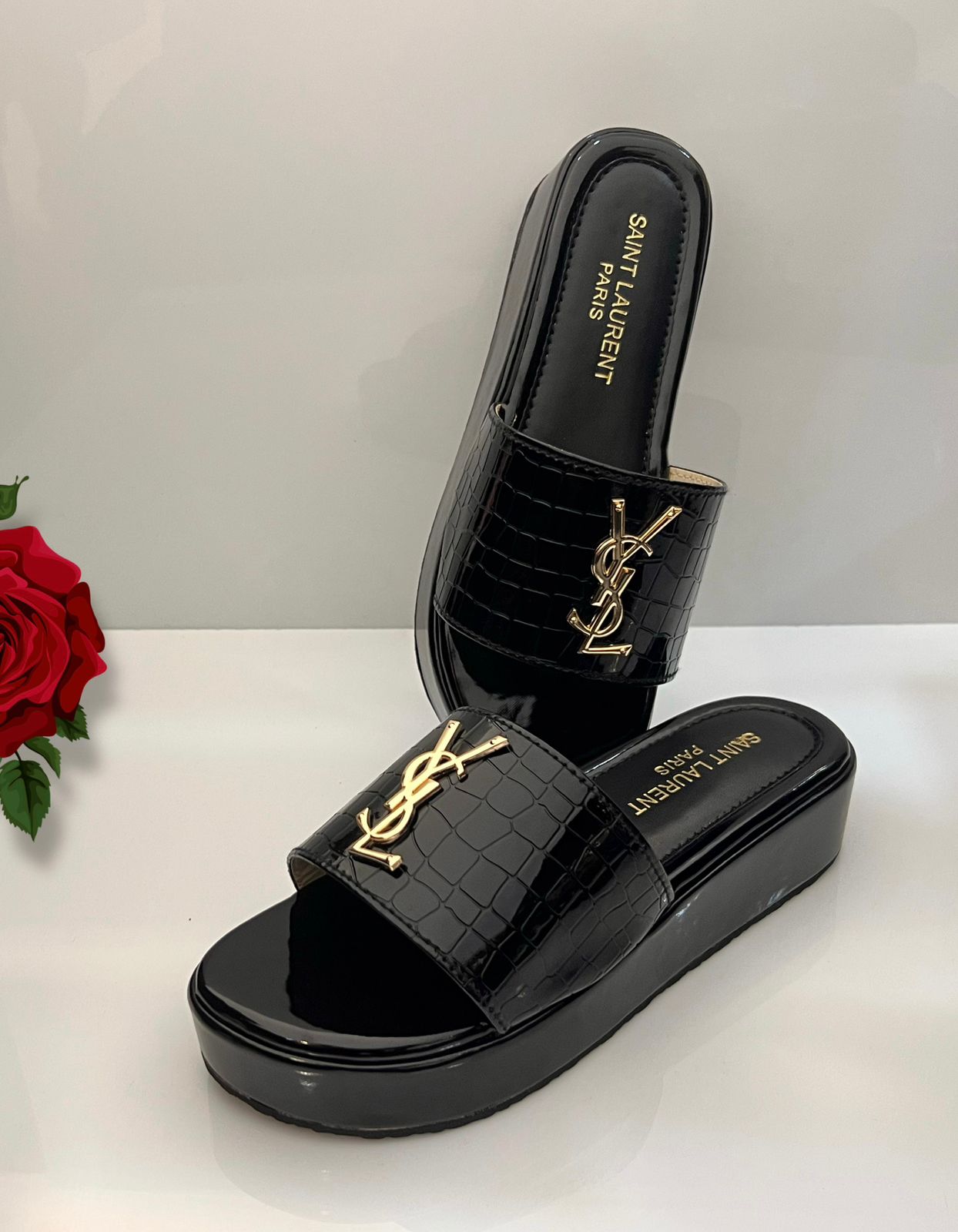 Saint Laurent YSL Croc Luxe Slide Sandals