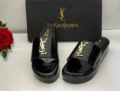 Saint Laurent YSL Croc Luxe Slide Sandals