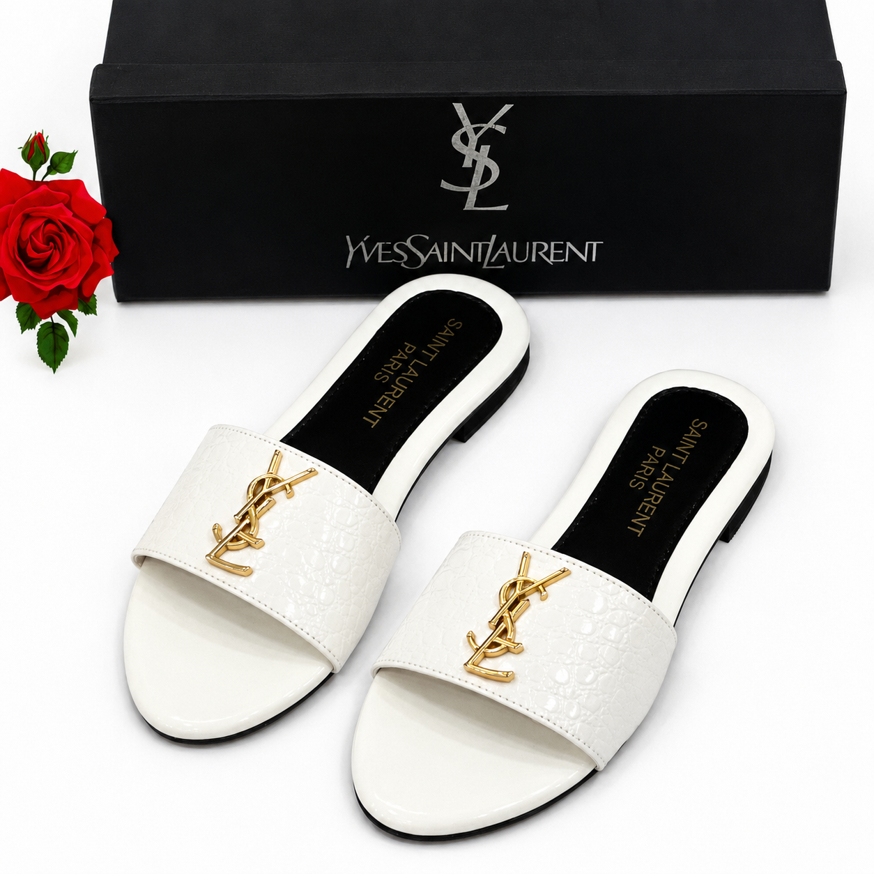 Saint Laurent Croc-Embossed Slide Sandals