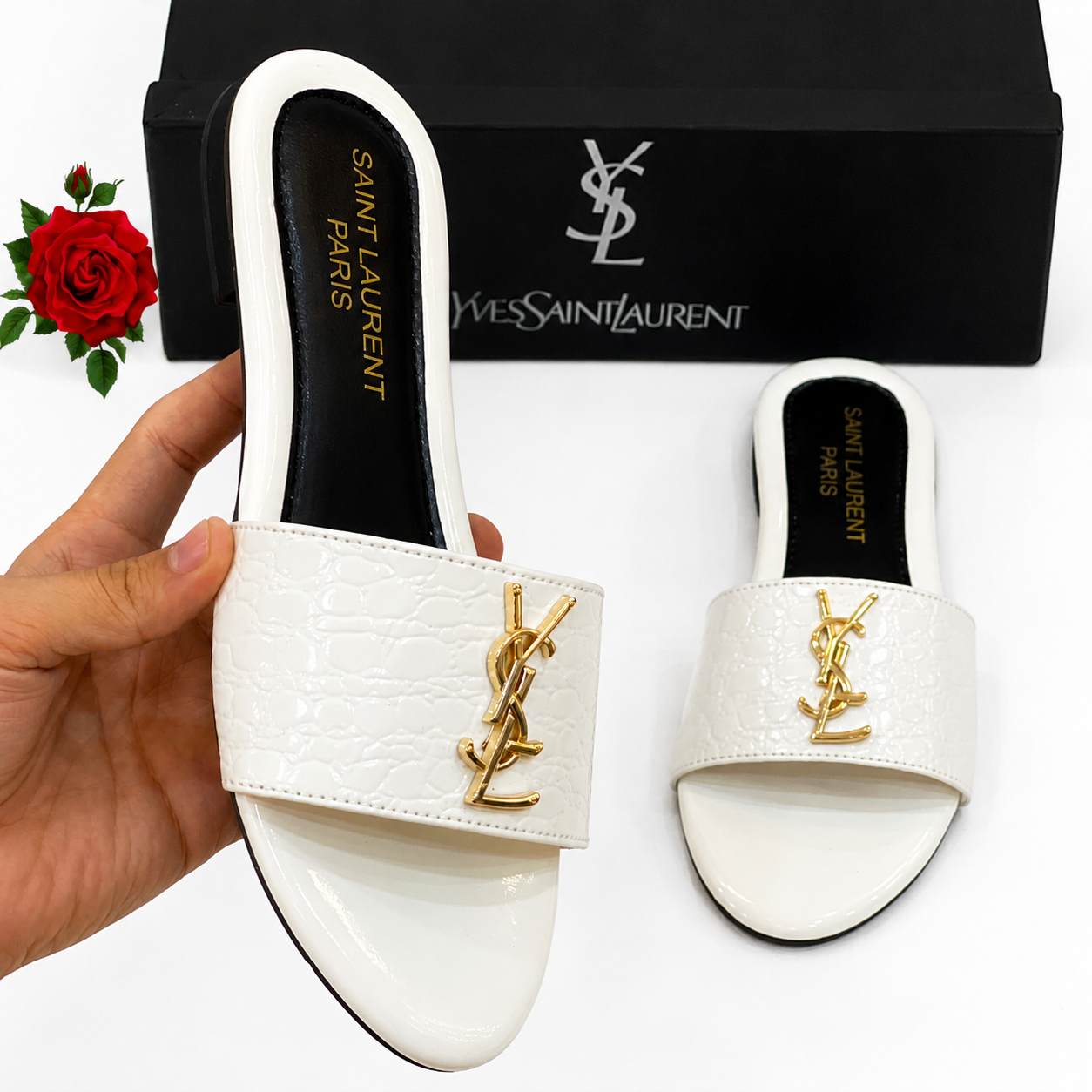 Saint Laurent Croc-Embossed Slide Sandals